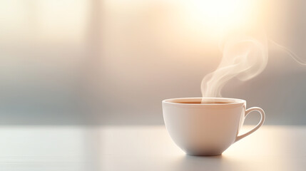 A steaming cup of coffee sits on a table, creating a warm and inviting atmosphere.