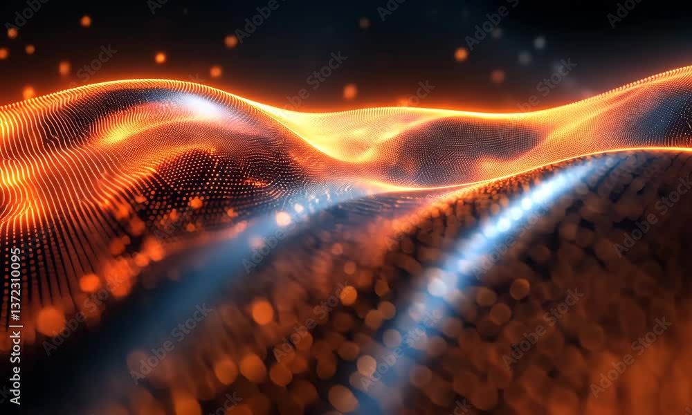 Poster abstract particle wave motion background with glowing orange and blue hues, data visualization