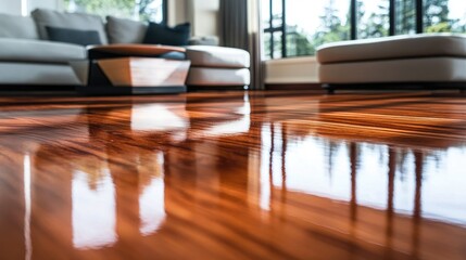 Bright and Spacious Living Room with Glossy Hardwood Floor and Modern Furniture in a Sunlit Environment