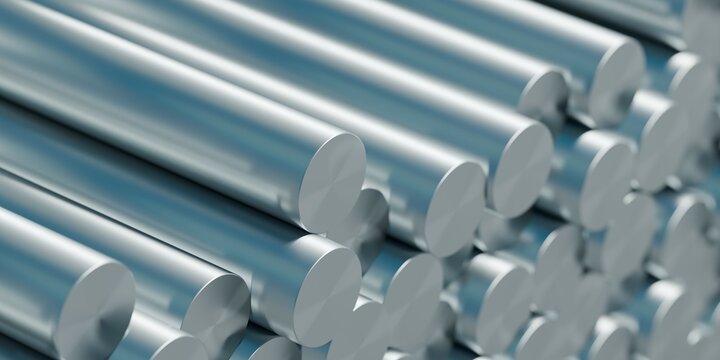 Heap of steel rods or bars close up view with selective focus, construction or manufacturing concept