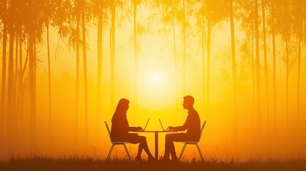 Laptop Adventure Client Style. Silhouettes of two people working at a table in a sunset forest setting.