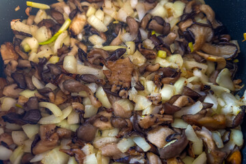 Oyster mushrooms during frying with chopped onion in frying pan