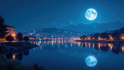 Serene Nightscape Moonlit Waterfront with City Lights Reflecting on Calm Water