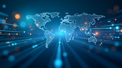 Obraz premium Contemporary Wallpaper Design: Sleek Global Network Visuals & Dynamic Arrows for Borderless Money Movement in Modern Fintech with Expansive Negative Space