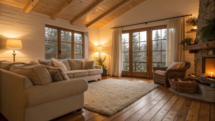 Naklejka premium A cozy living room with wooden beams, large windows, soft furnishings, and a warm fireplace, perfect for relaxation and comfort.