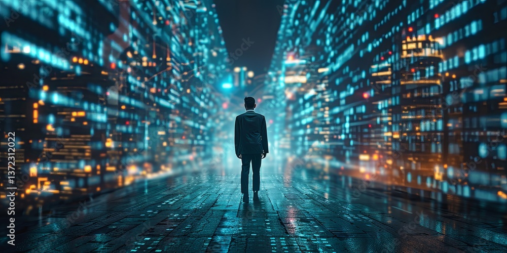 Poster a businessman accessing corporate data with cyberspace security