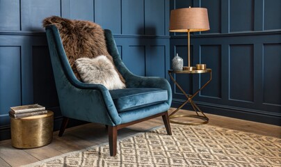 A cozy, stylish sitting area featuring a plush teal chair, decorative pillows, a warm lamp, and elegant accents against a dark blue wall.