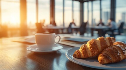 Obraz na płótnie Canvas Coffee with croissants on a table with people meeting in background and city view