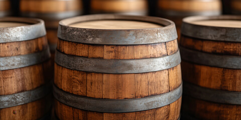 Old wooden barrels with metal bands stacked in traditional storage cellar for wine, whiskey, aging or rustic industry themes