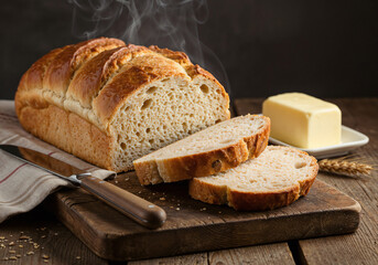 Rustic Bread on Wooden Board