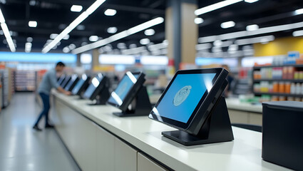 Simple wallpaper showcasing self checkout systems with stylized checkout kiosks subtle scanning icons and streamlined designs. Highlights efficient store layout user autonomy and reduced labor demands