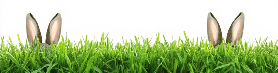 Lush green grass isolated on a white background with two bunnies ear popping out