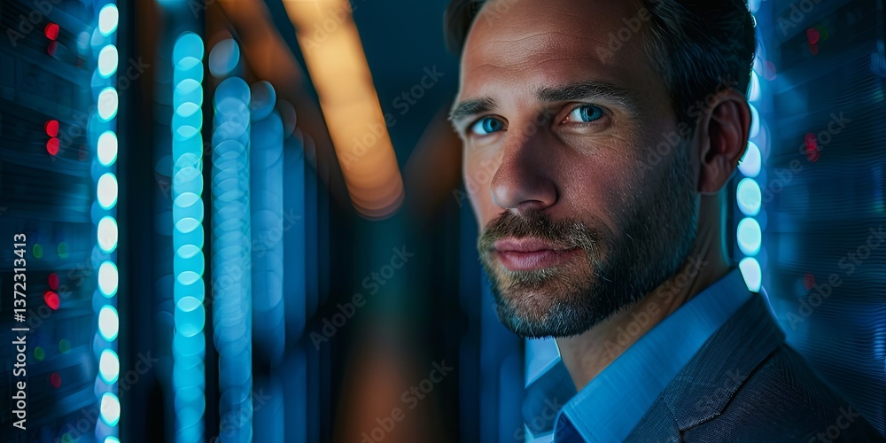 Poster A businessman accessing corporate data with cyberspace security
