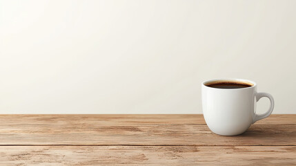 A white coffee mug resting on a wooden table with a minimalist background.