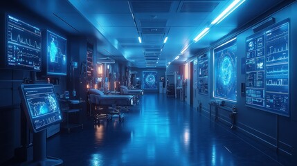 Futuristic Hospital Corridor: Advanced Medical Technology and Digital Interfaces