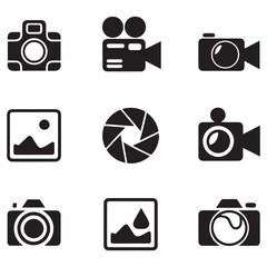 Photo and video icon set. Icons of photography, image, photo gallery, video camera and photo camera. Diaphragm icon. image, photo gallery Silhouette Vector Black illustration. with white background