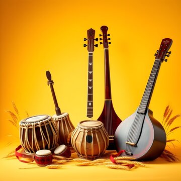 Traditional Punjabi Musical Instruments with Wheat Stalks,lohri culture musical instruments,generative ai
