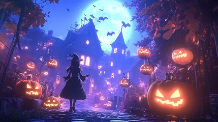 Obraz premium Pixel Art Halloween Night Scene with Witch and Jack o' Lanterns