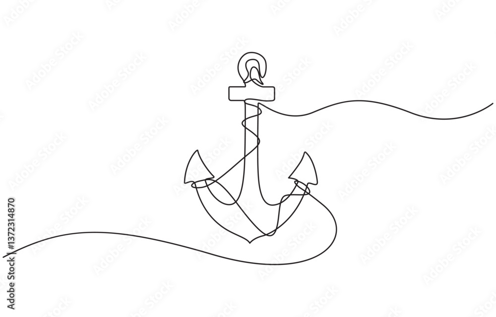 Aufkleber nautical anchor continuous line drawing with editable stroke, continuous one line drawing anchor on 