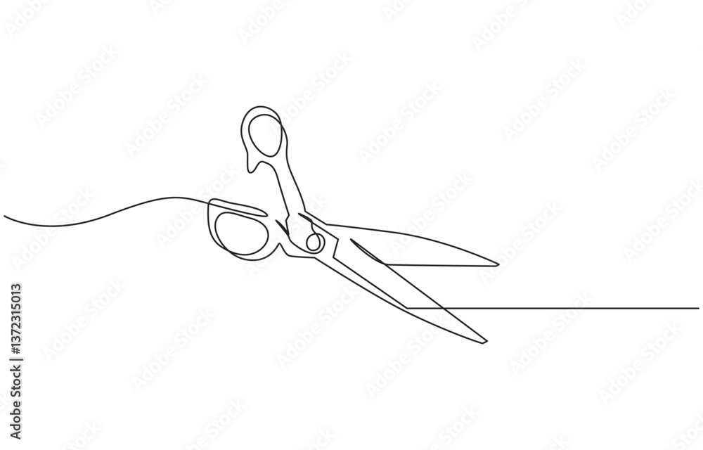 Poster one continuous line drawing of regular scissors and barber scissors, scissor tool one line continuou