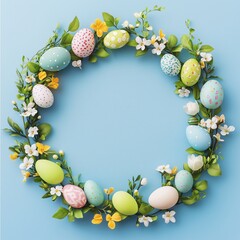Colorful Easter wreath with decorated eggs and flowers