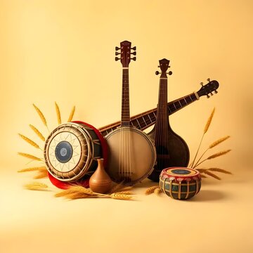 Traditional Punjabi Musical Instruments with Wheat Stalks,lohri culture musical instruments,generative ai
