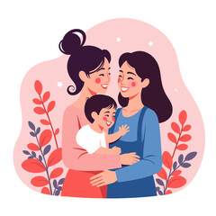 Obraz premium Mothers Day Celebration - Two smiling mothers hugging a child with a floral background 