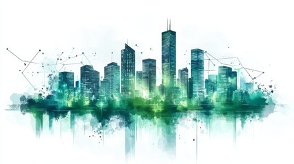 Fototapeta premium Cityscape illustration with buildings against a white backdrop and connecting lines