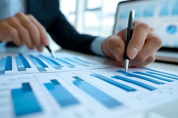 Business Professional Analyzing Data Charts with Laptop Open