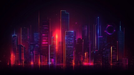 Fototapeta premium City skyline with neon glow skyscrapers at dark night in abstract illustration