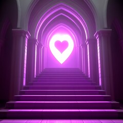 A radiant glowing heart is presented in an arched structure