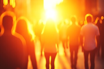 Blurred silhouettes of people walking towards bright sunlight glow