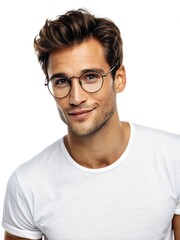 Obraz premium Handsome Man in Round Glasses, White T-Shirt