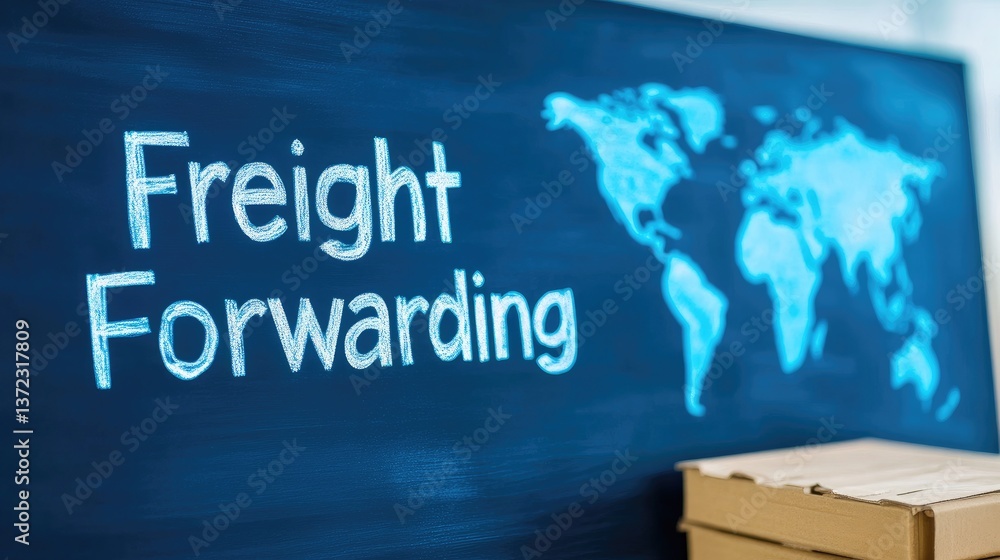 Poster global freight forwarding services world map cardboard boxes on chalkboard