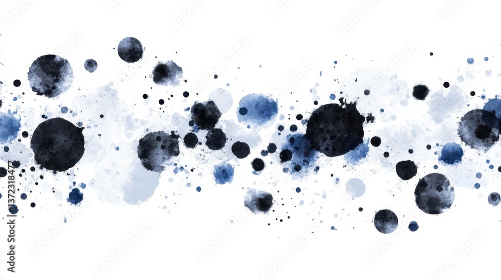Poster abstract watercolor painting with blue and gray splatters on white background. the splatters vary in