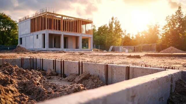 An active construction site highlighting the importance of a solid house foundation.