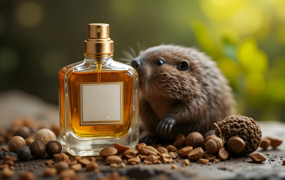 Beaver musk (Perfumery ingredient) bottle with beaver  around forest background. perfumery concept. Ai generated