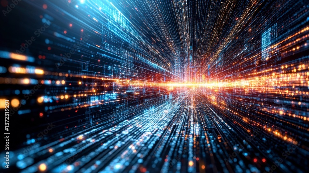 Poster abstract digital art depicting a futuristic tunnel of light and data streams. vivid colors and dynam