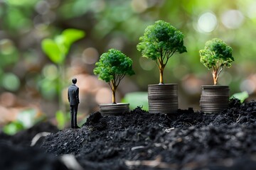 Business Growth Concept with Trees and Coins on Soil Surface