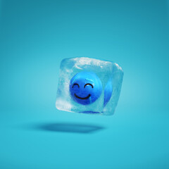 Blue emoji smiling face inside ice cube. Blue smiley emoticon face with smiling eyes frozen in ice...