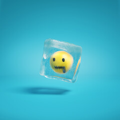 Zipper mouth face with closed zipper for a mouth emoji inside ice cube. Stop talking emoticon frozen in ice lump. Yellow zipped emoticon frozen in ice block background mockup concept 3d render.
