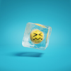 Confounded face with crumpled mouth emoji inside ice cube. Scrunched face emoticon with wavy mouth frozen in ice lump. Happy smile emoticon frozen in ice block background mockup concept illustration.