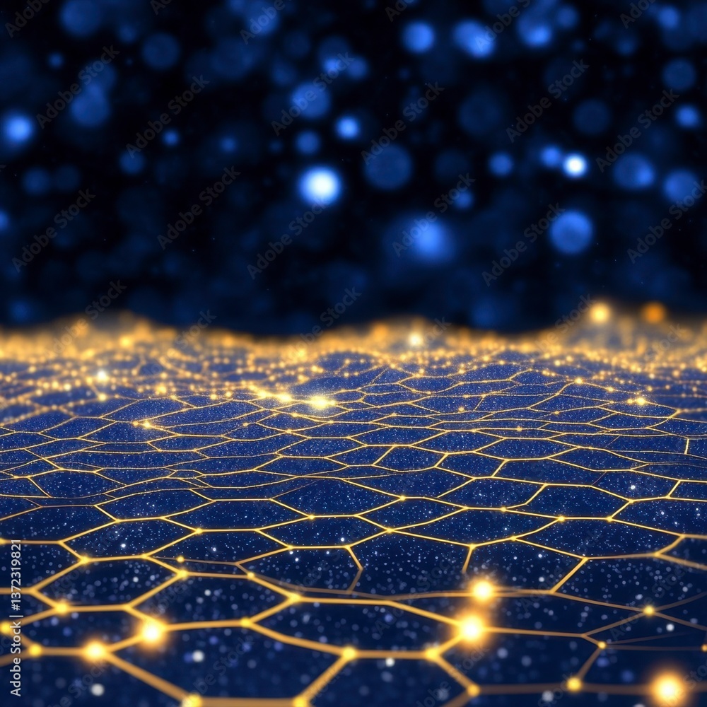 Poster abstract background image featuring a dark blue and gold hexagonal grid pattern with glowing lights,