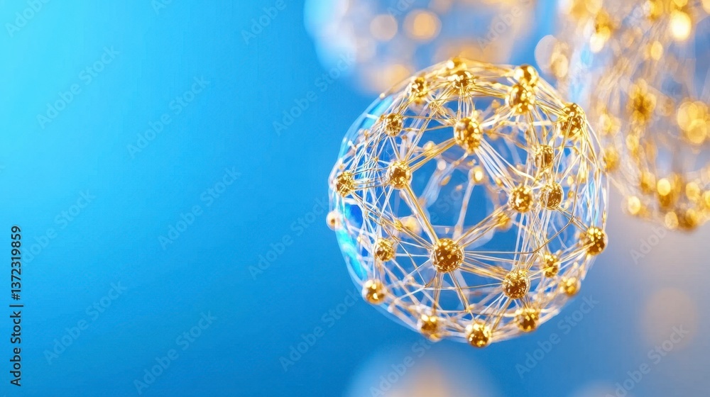 Poster abstract image of golden spheres interconnected with thin wires against a light blue background. the