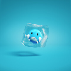 Cold face with gritted teeth emoji inside ice cube. Freezing Face blue emoticon frozen in ice lump. Blue emoticon frozen in ice block background mockup concept 3d render illustration.
