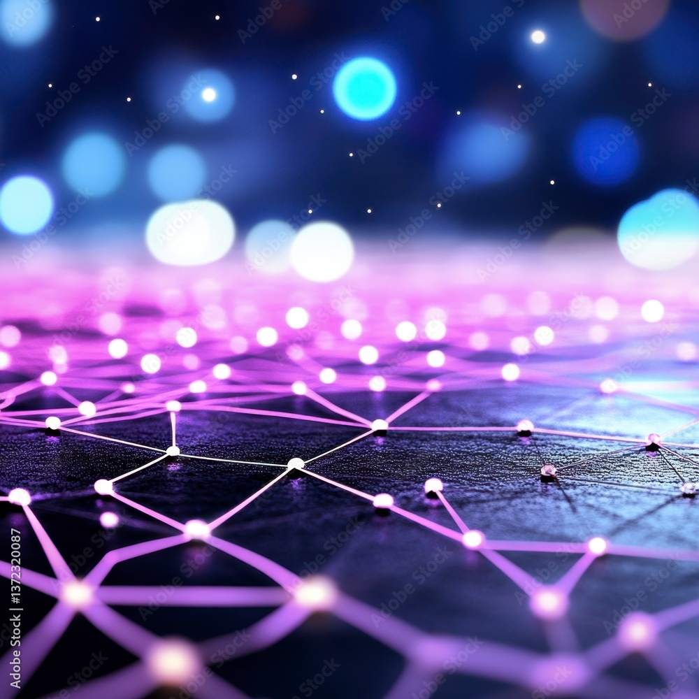 Poster Abstract network connection, glowing purple and pink nodes linked by lines, dark background with bokeh lights. Futuristic technology concept.