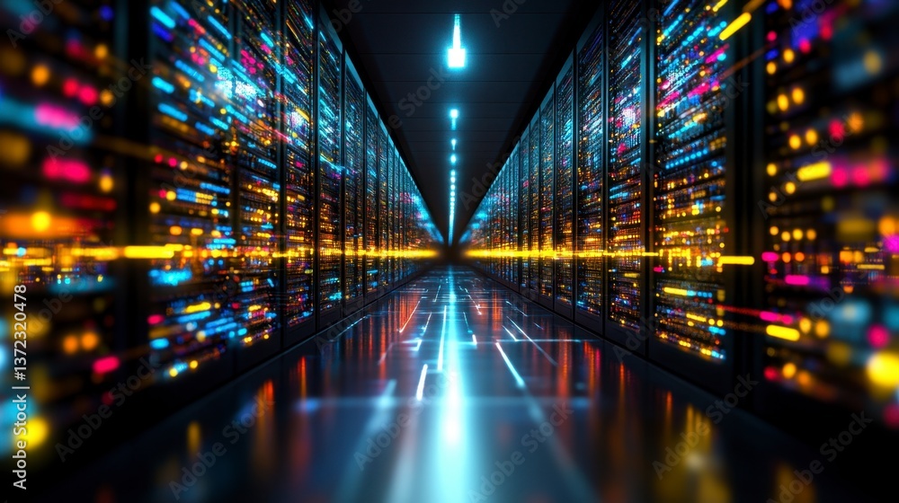 Poster abstract image of a server room with glowing data streams, dark background, colorful lights, and ref