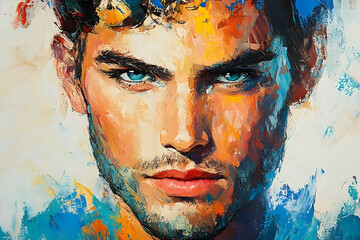 Portrait of a man with striking blue eyes is depicted vividly
