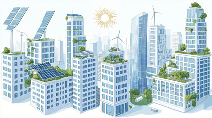 Sustainable Green City with Rooftop Gardens and Solar Panels