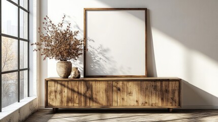 Minimalist, modern room with wooden sideboard and framed artwork. Sunlight streaming in
